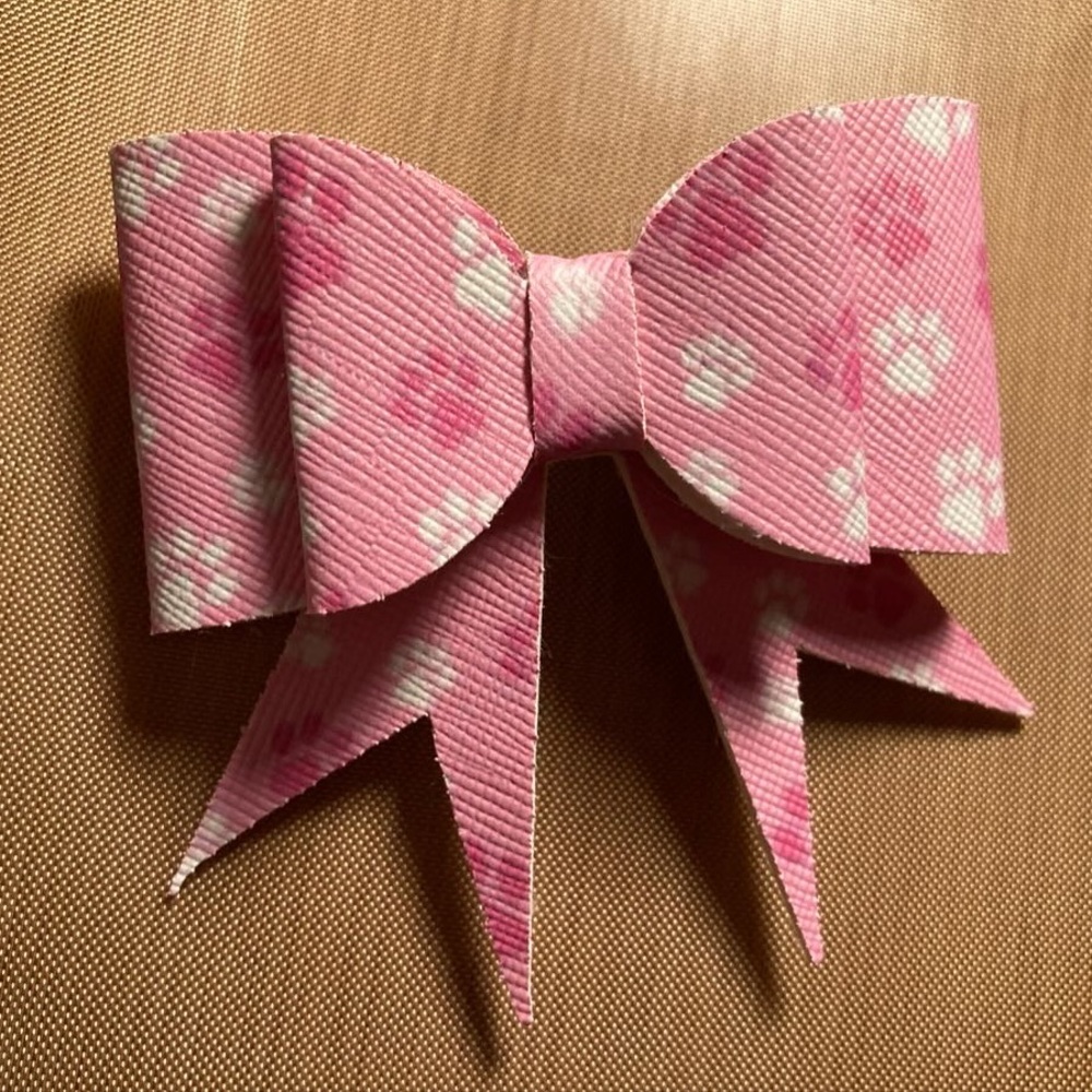 Pink Handmade Faux Leather Paw Print Hair Bow with French Barrette